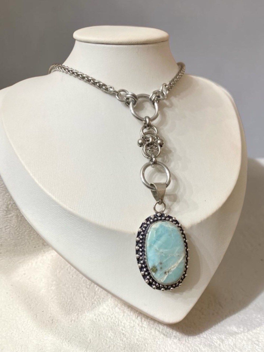 Light blue larimar charm steel maille celtic knot lariat Y shape necklace.